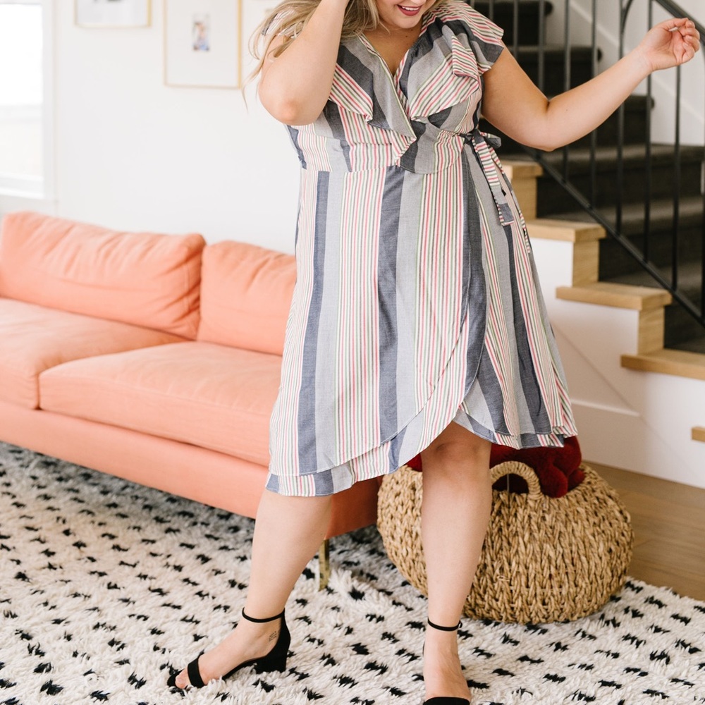 FINAL SALE❗️Striped Delight Ruffled Wrap Dress - Picture 6 of 8
